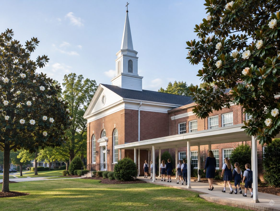 Students walking past a church school wing in Little Rock